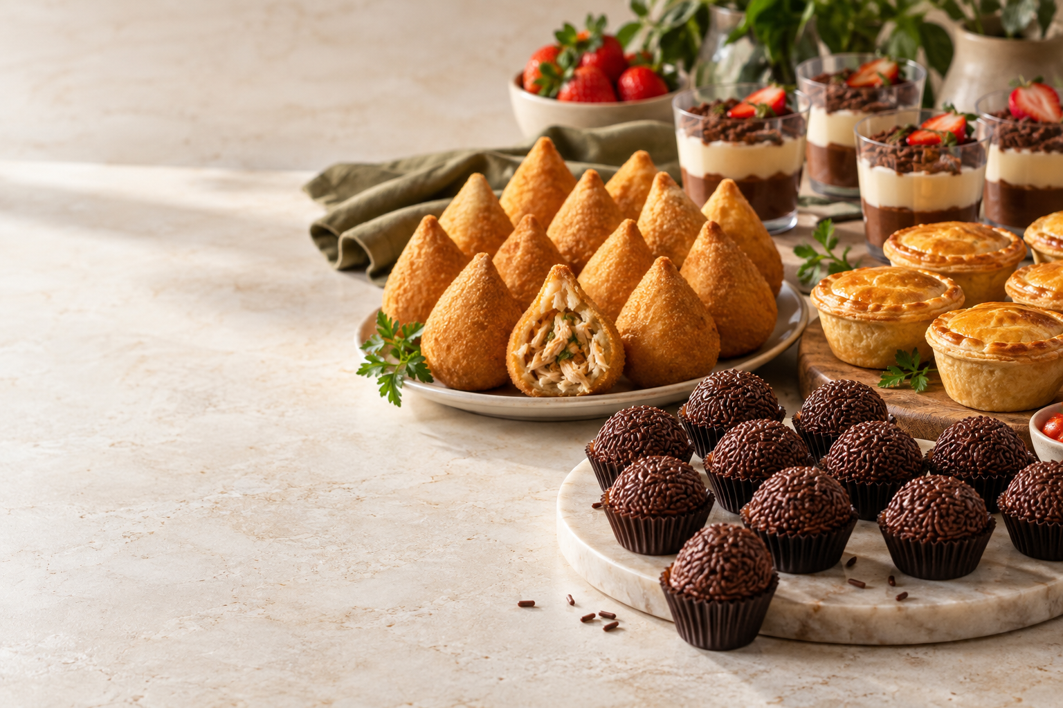 Seleção editorial de brigadeiros, coxinhas, mini empadas e sobremesas de copinho